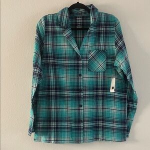 Sonoma Teal and Navy Plaid Long Sleeve pajama Top